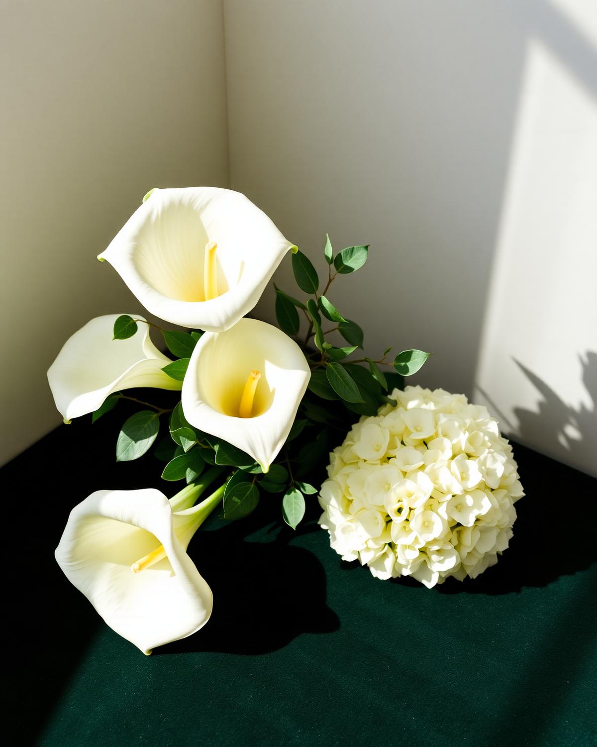 Calla lilies and white hydrangeas on dark forest velvet
