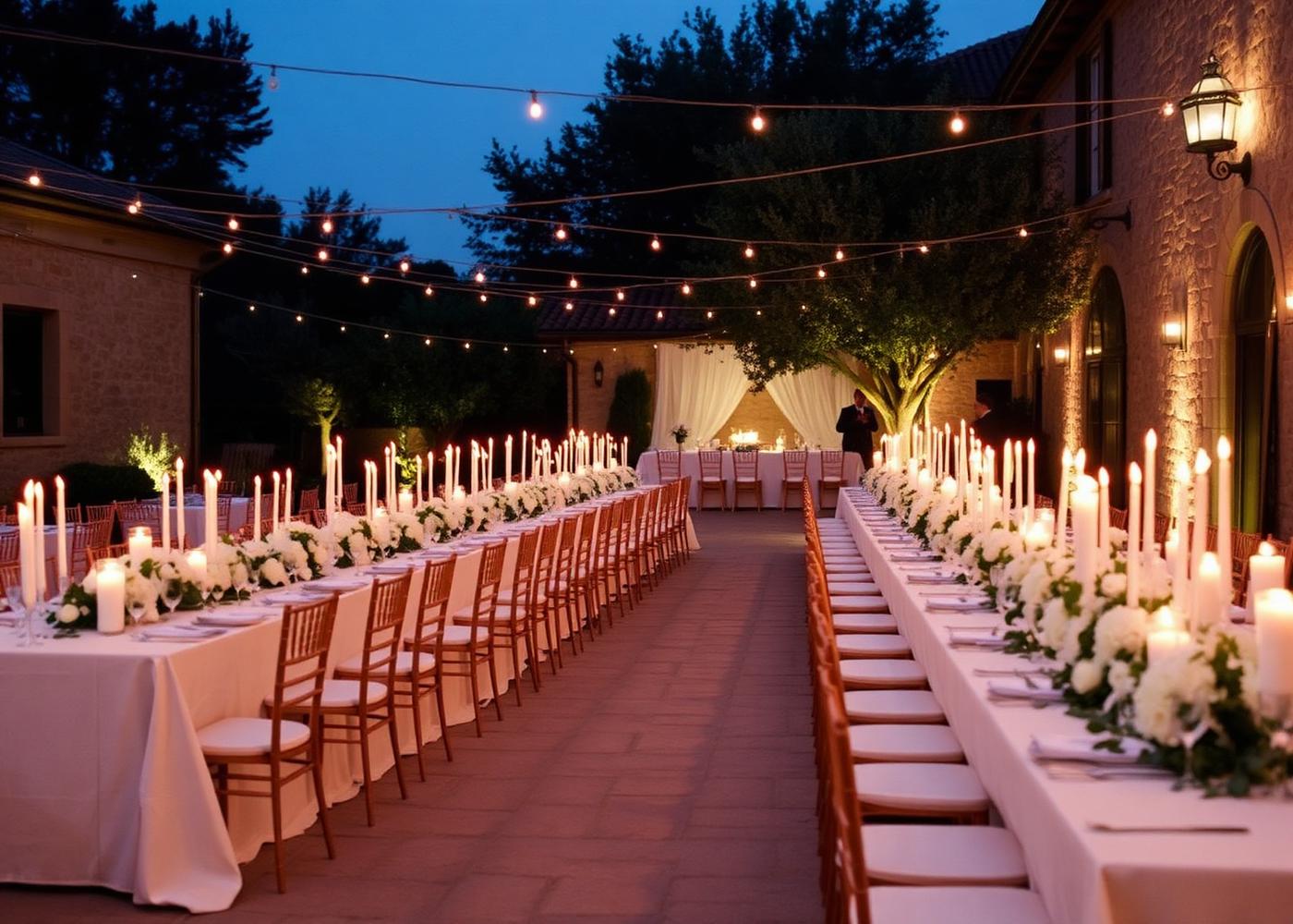 Candlelit reception tables in a stone villa courtyard